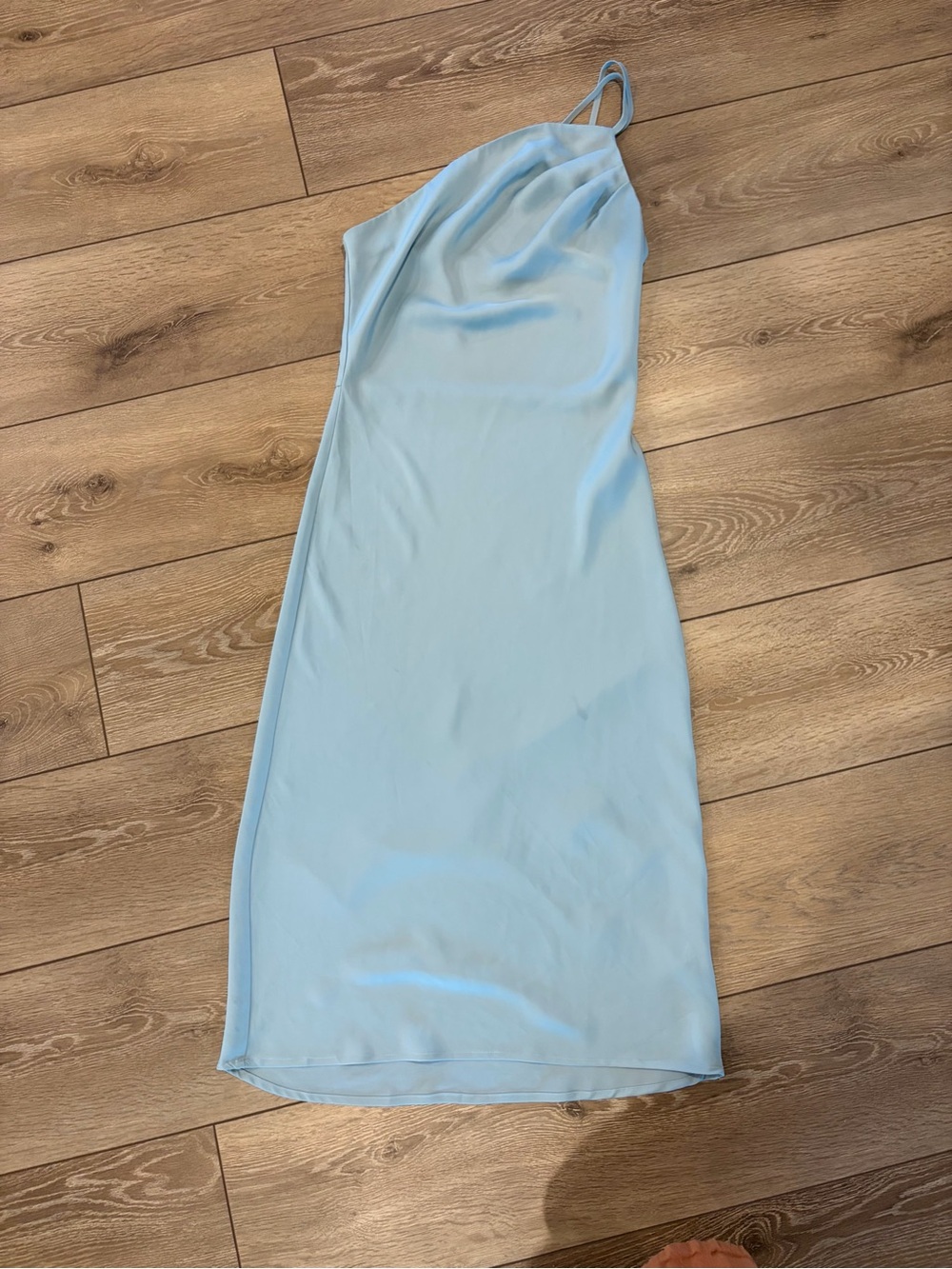 One-Shoulder Light Blue Slip Dress with Cowl Neck